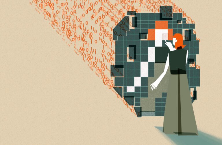 An individual with orange hair interacting with a large, abstract digital mirrored structure. The structure is composed of squares in varying shades of green, orange, white, and black which are pieced together to reflect the individual’s figure. The figure's hand is extended as if pointing to or interacting with the mirrored structure. Behind the structure are streams of binary code (0s and 1s) in orange, flowing towards the digital grid.