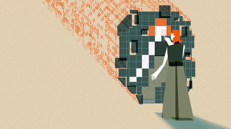 An individual with orange hair interacting with a large, abstract digital mirrored structure. The structure is composed of squares in varying shades of green, orange, white, and black which are pieced together to reflect the individual’s figure. The figure's hand is extended as if pointing to or interacting with the mirrored structure. Behind the structure are streams of binary code (0s and 1s) in orange, flowing towards the digital grid.