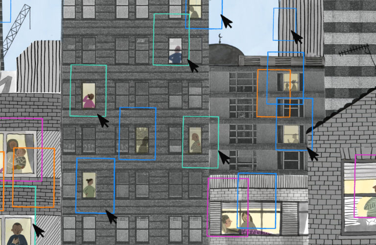 Building blocks are overlayed with digital squares that highlight people living their day-to-day lives through windows. Some of the squares are accompanied by cursors.