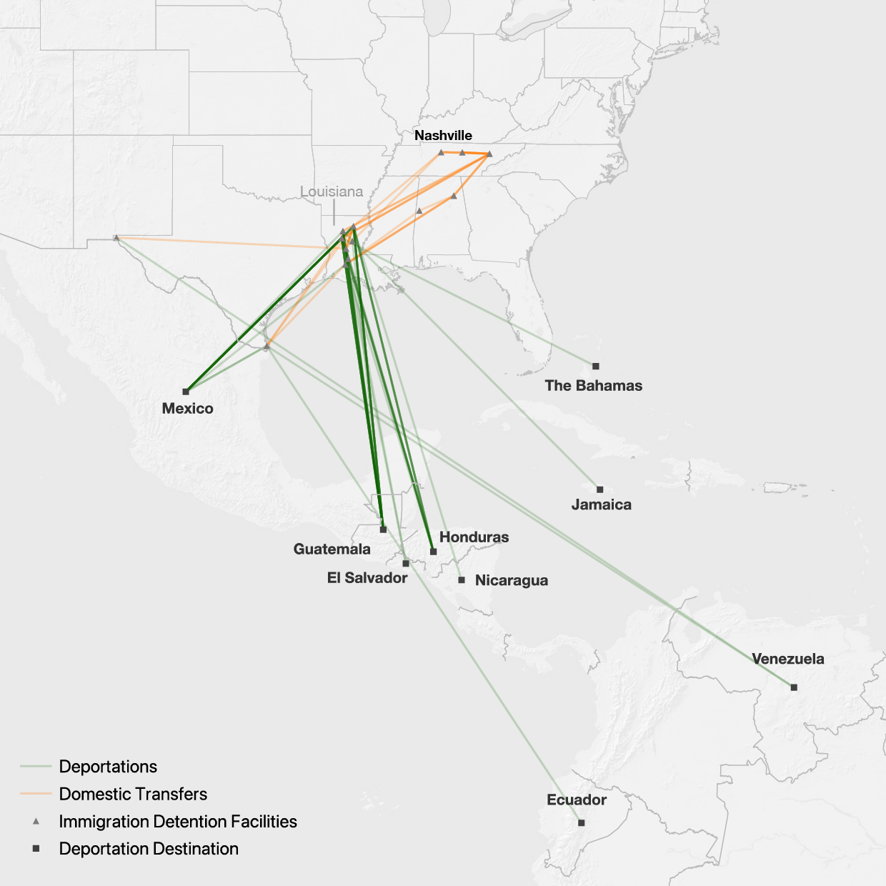 Map of how ICE moved immigrants arrested during Nashville Operation through the detention system and eventually deported them.