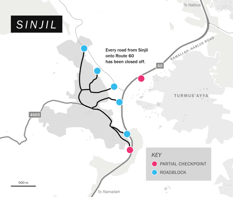 Map showing Sinjil movement restrictions. All roads to the East are controlled.